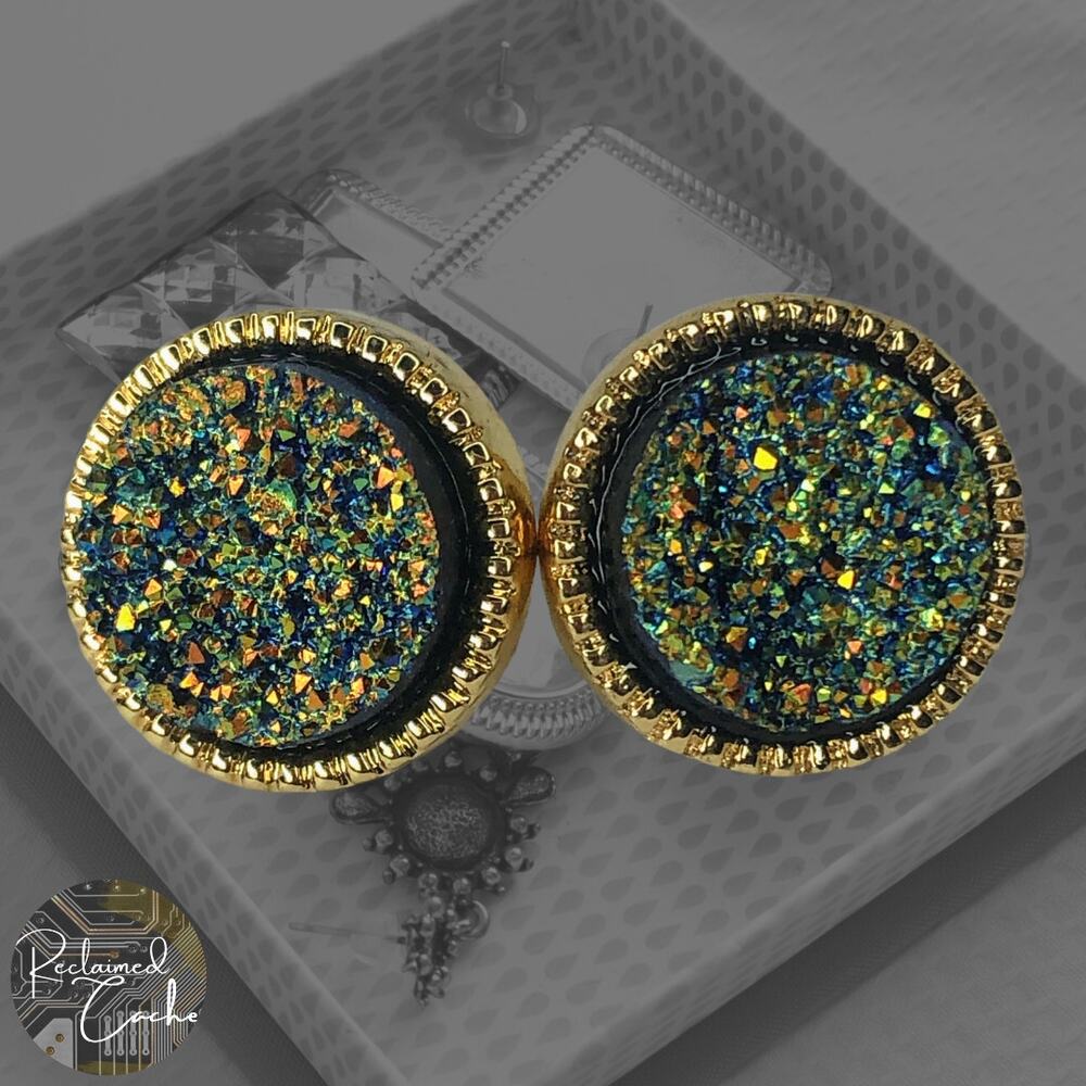 Iridescent Blue Druzy Stud Earrings